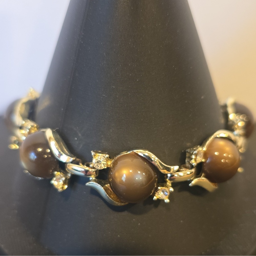 Vtg Coro Signed Brown Thermoset Lucite Cabochon Rhinestone Link Bracelet 1950s